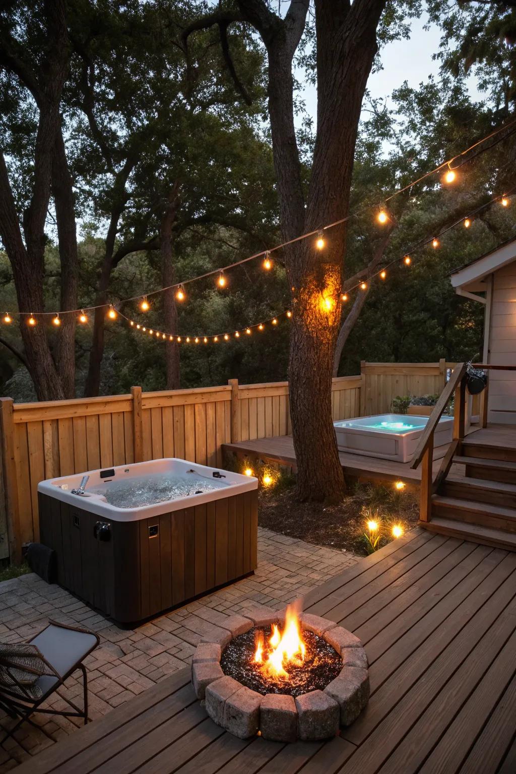 Fire pit and hot tub setup creating a luxurious outdoor relaxation area.