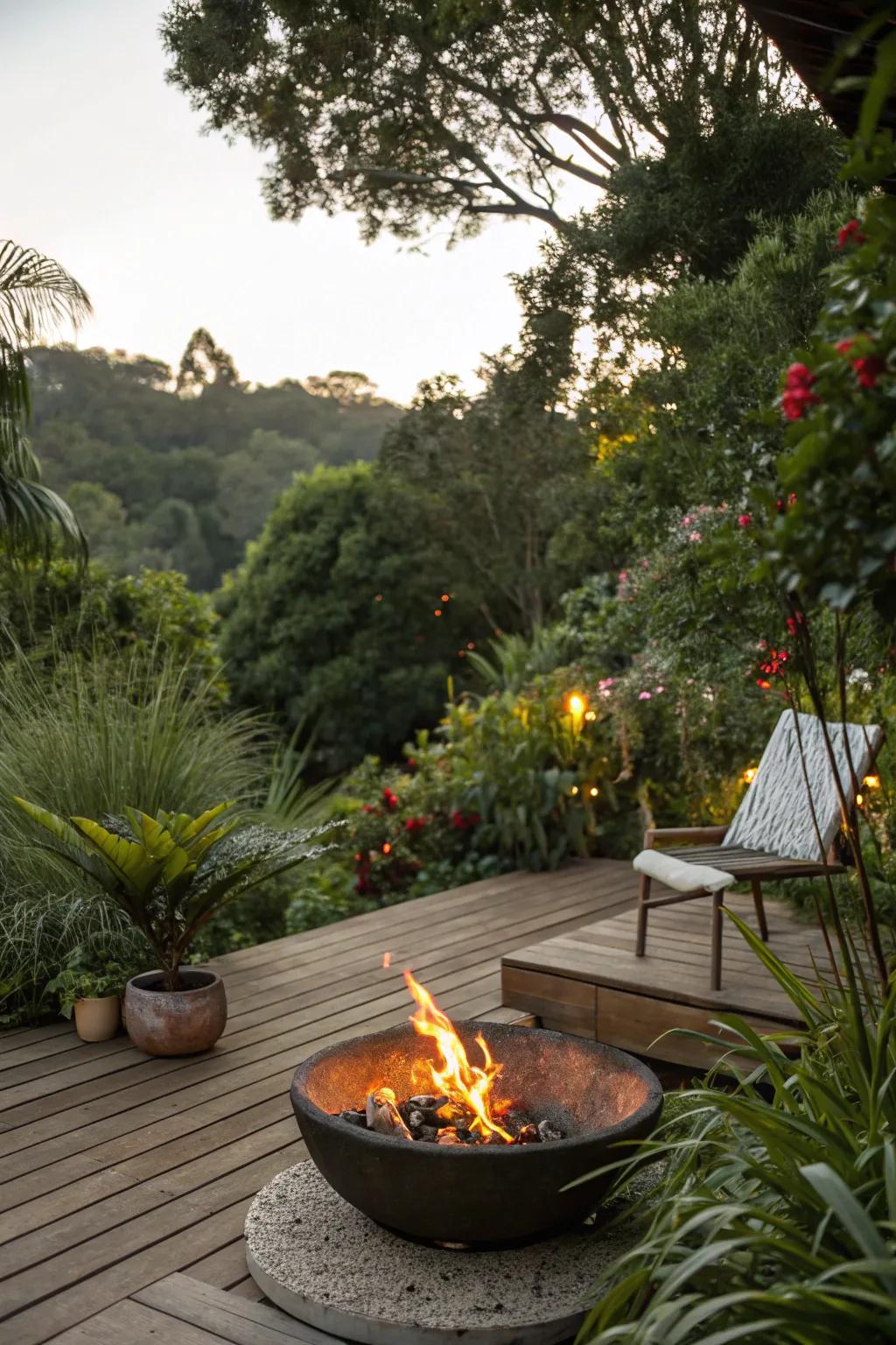 Fire pit encircled by vibrant plants creating a tranquil outdoor space.