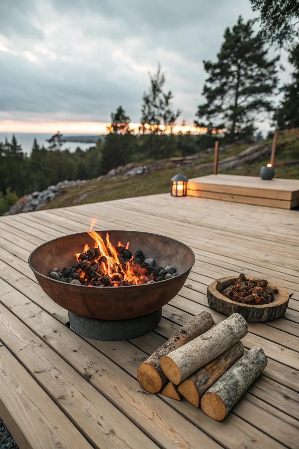 Wood-burning fire bowl adding rustic warmth to a deck.