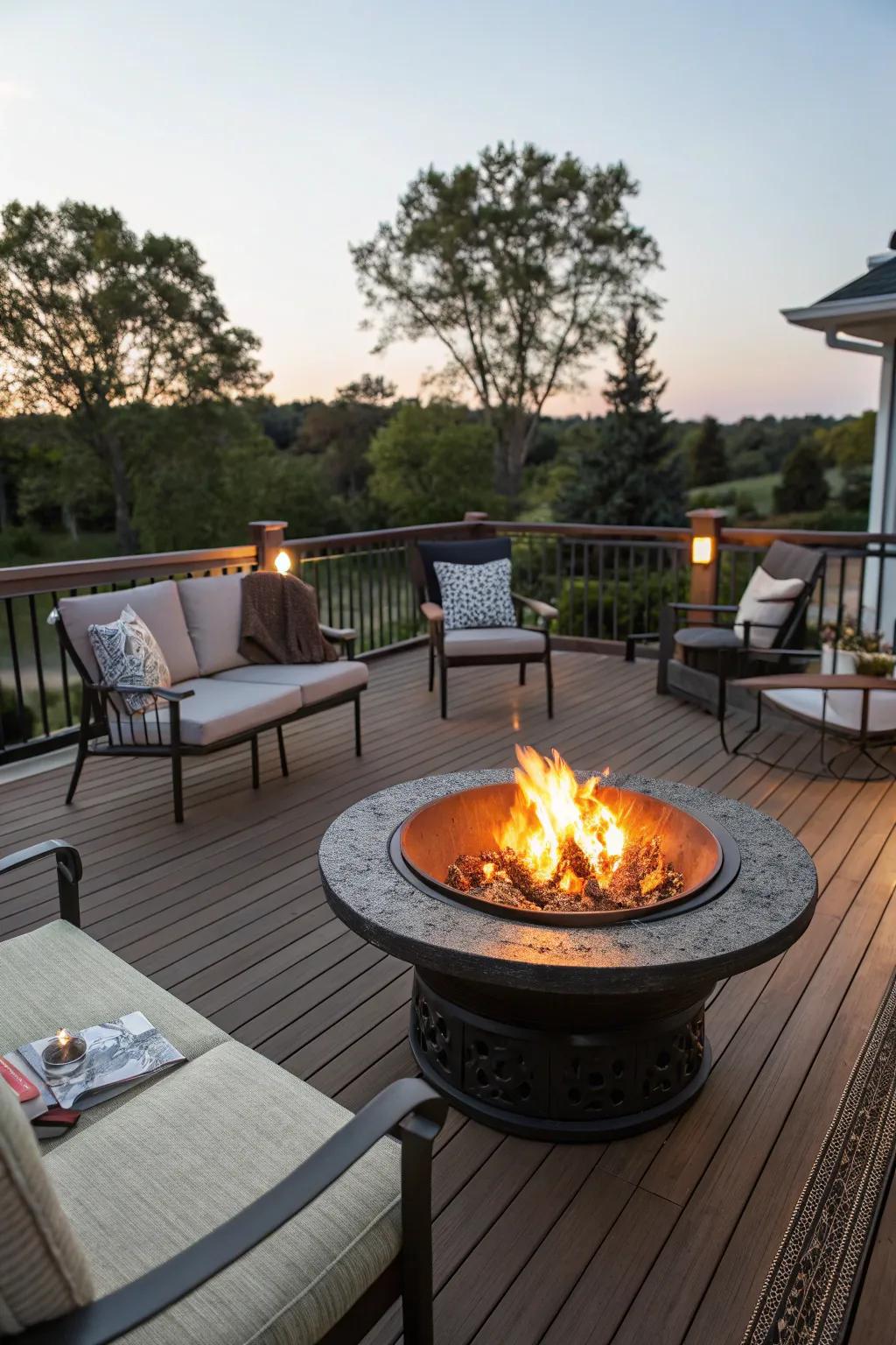 Central fire pit serving as the heart of a deck, encouraging social interaction.