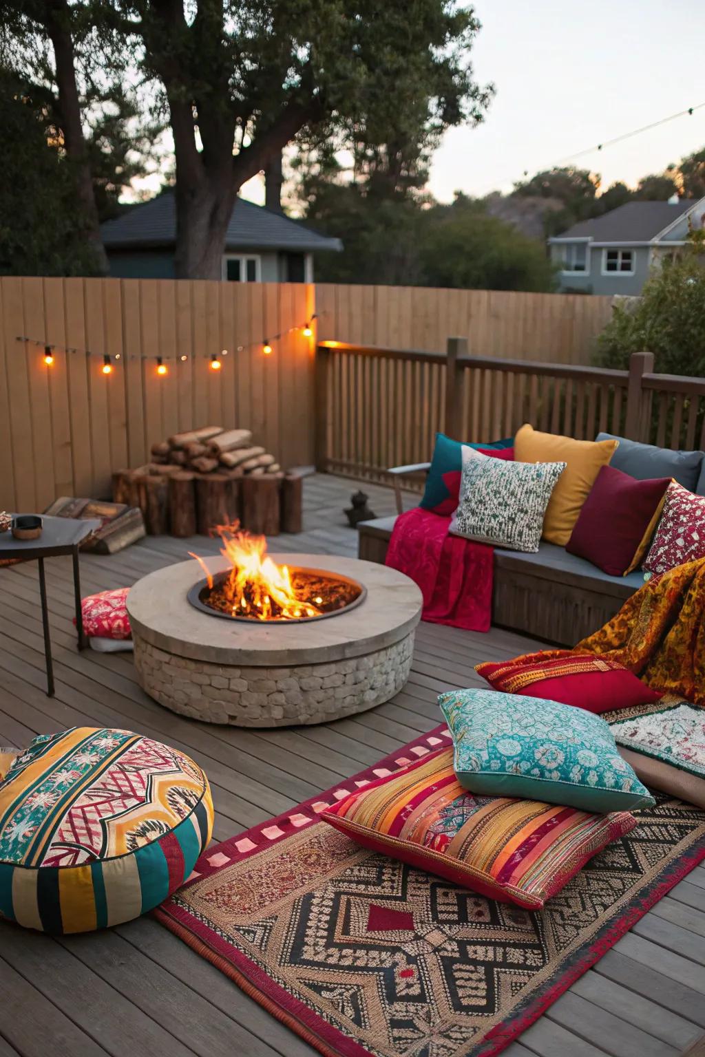 Cushions and throws adding warmth and style to a fire pit seating area.