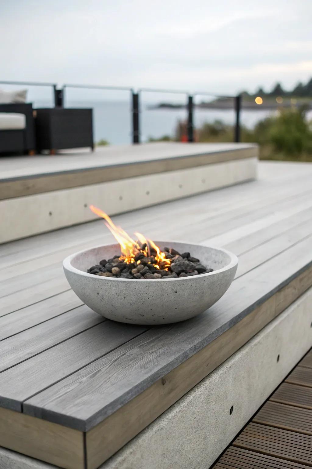 Sleek concrete fire bowl offering a modern look on a deck.