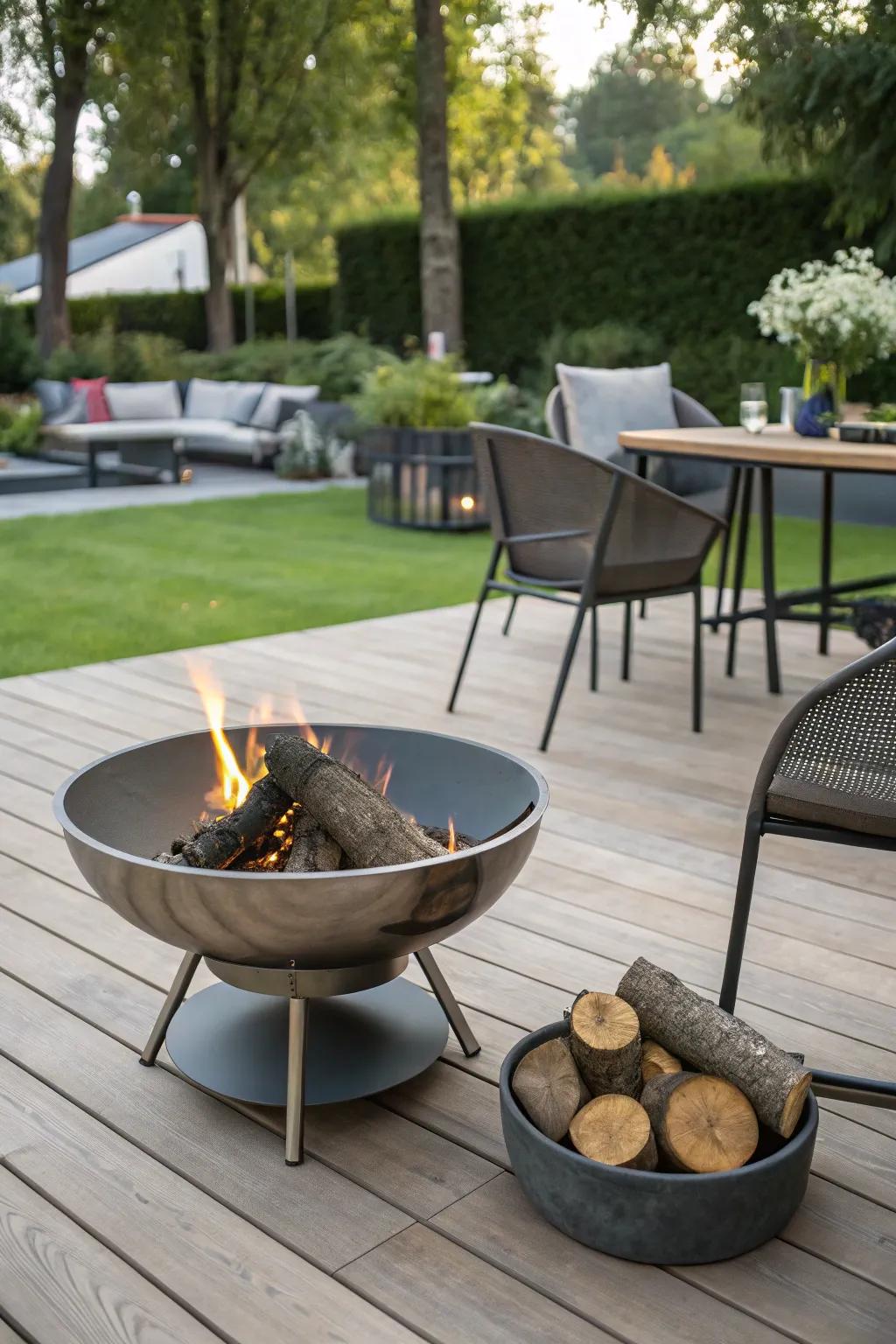 Metal fire pit adding a contemporary touch to a deck.