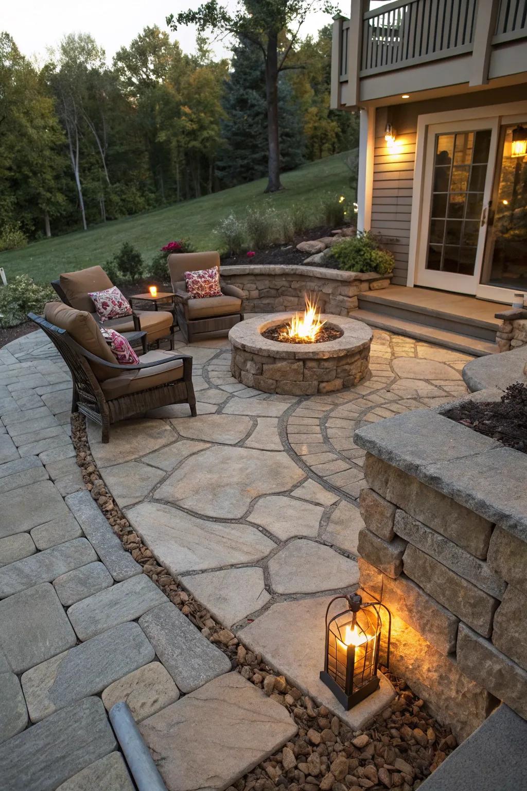 Built-in firepit creating a smooth and elegant patio design.