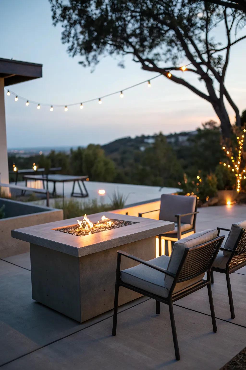 Modern fire table adding elegance and function to the patio.