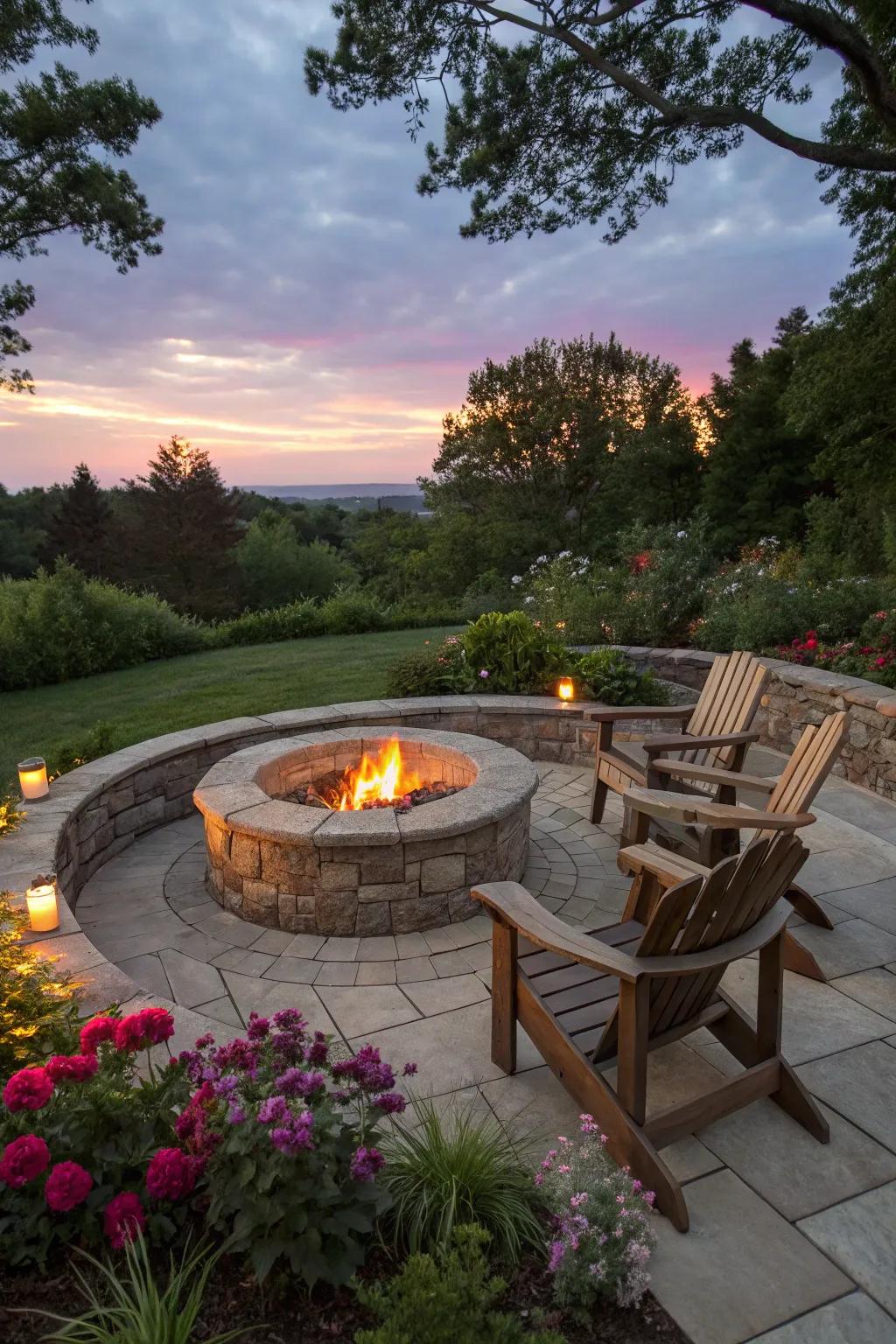 Circular stone firepit offering timeless charm and warmth.