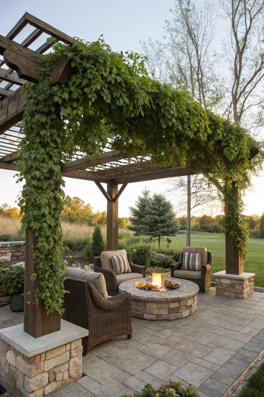 Pergola adding charm and shelter to the firepit area.