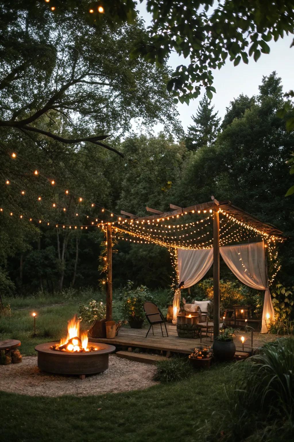 Fairy light canopy creating a magical atmosphere over the firepit.