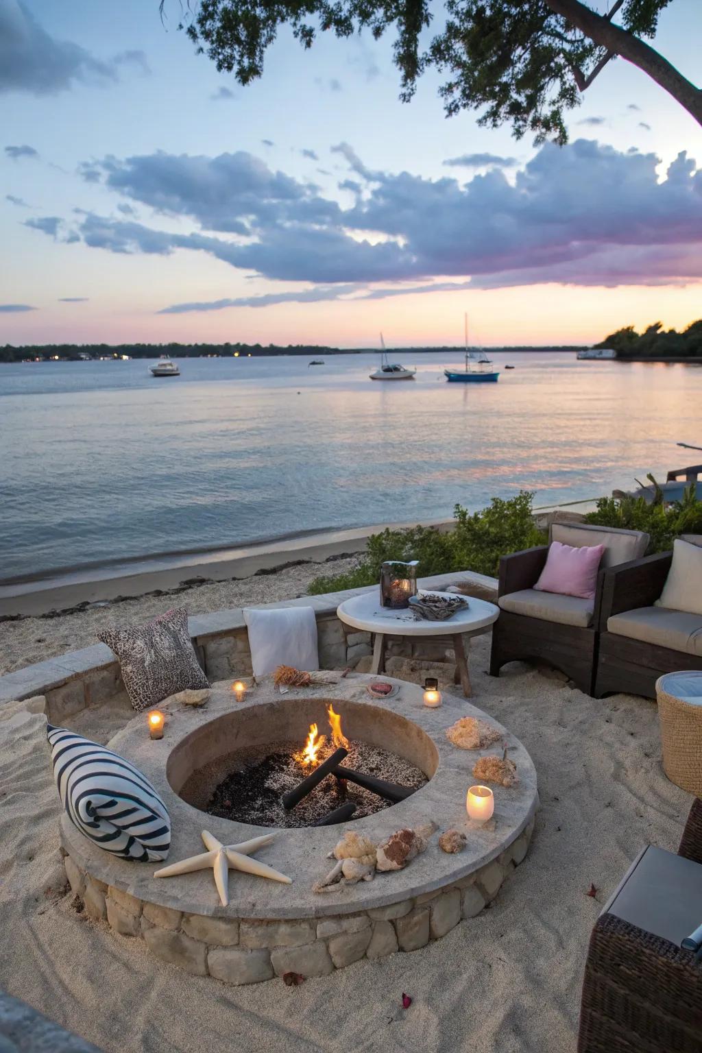 Backyard styled with beach-inspired decor and firepit.