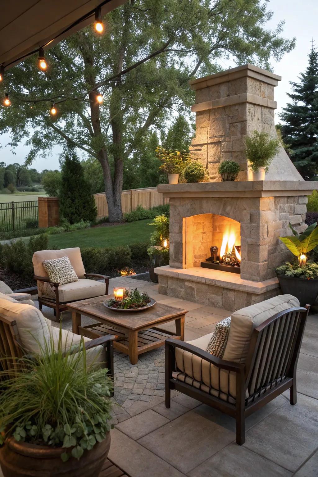 Outdoor fireplace creating a striking and cozy focal point.