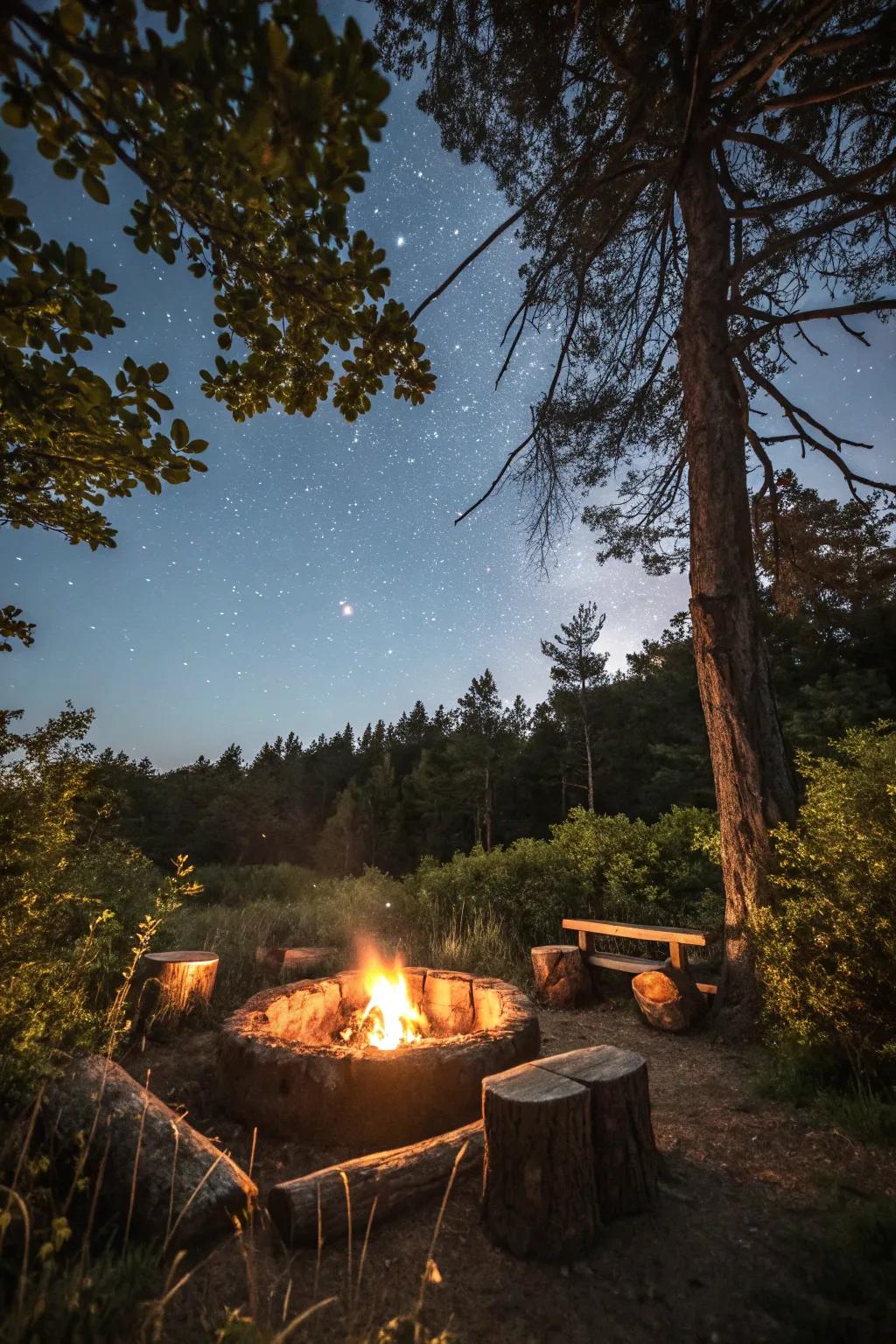 Rustic log seating providing a natural and inviting firepit area.