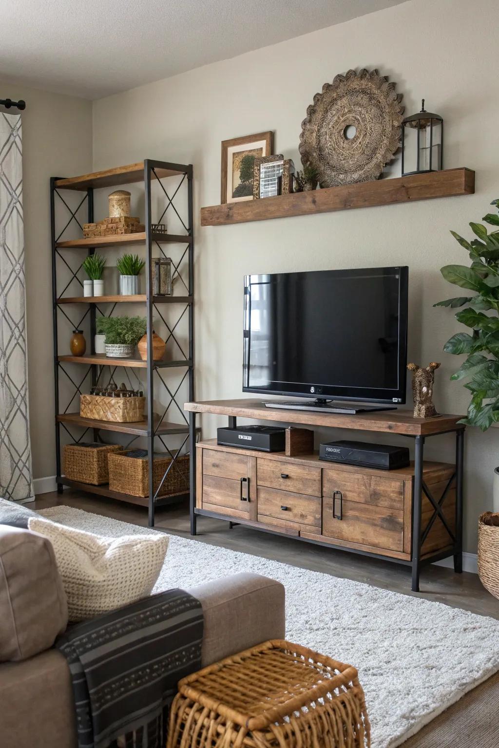 Textured materials add warmth and character around the TV.