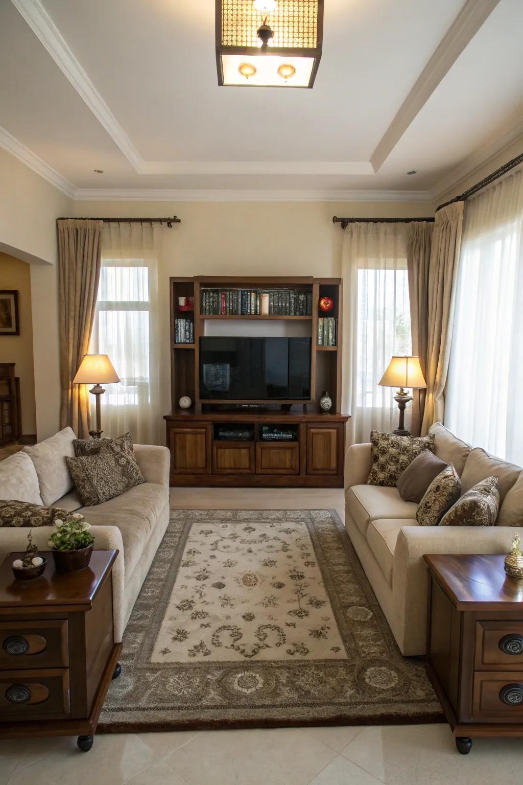 Symmetrical decor creates a harmonious and balanced TV area.