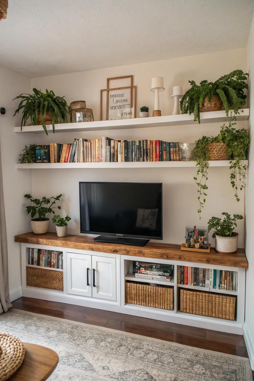 Floating shelves combine practicality and aesthetic appeal around the TV.