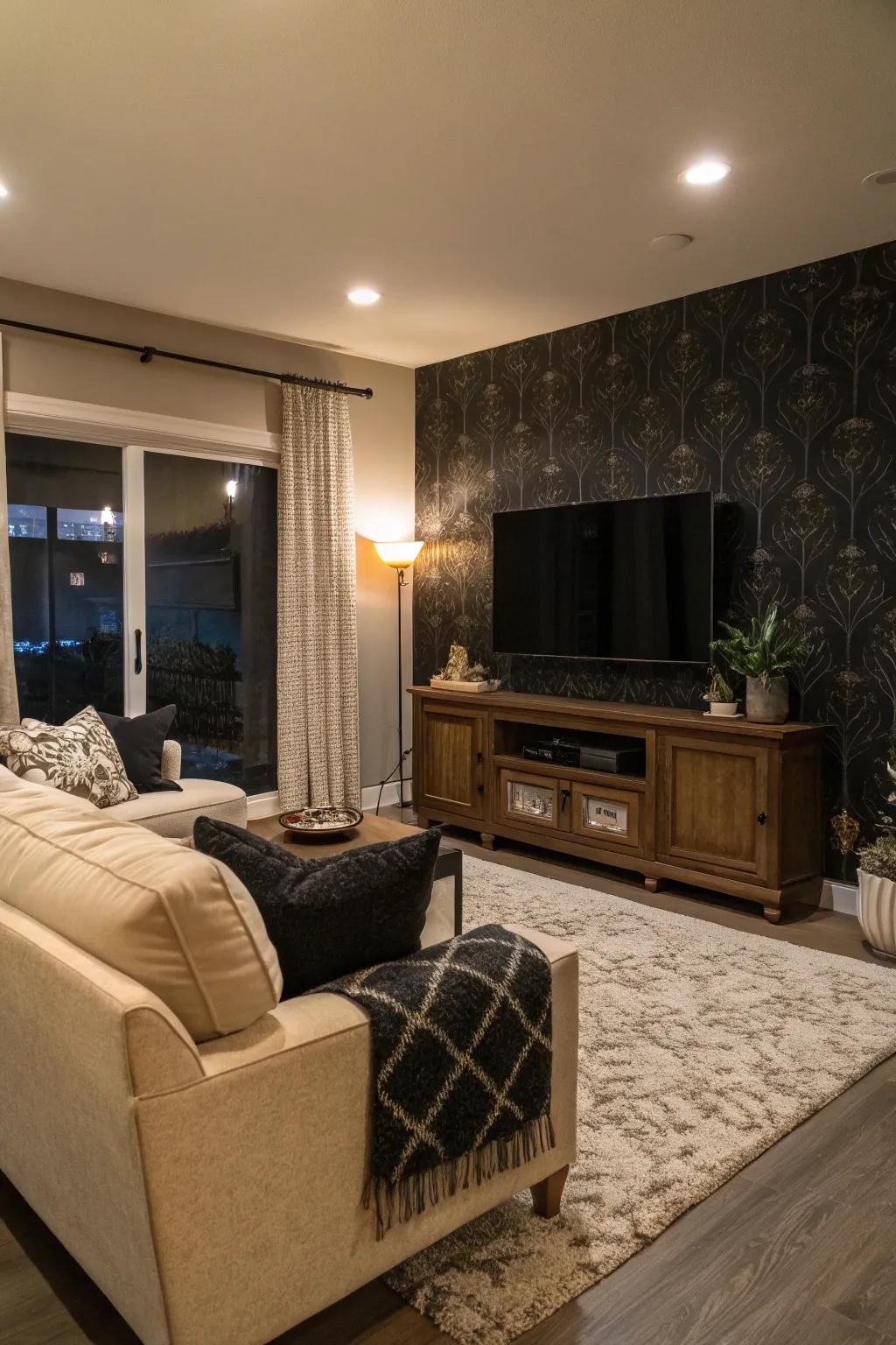 Dark walls help the TV blend into the background.