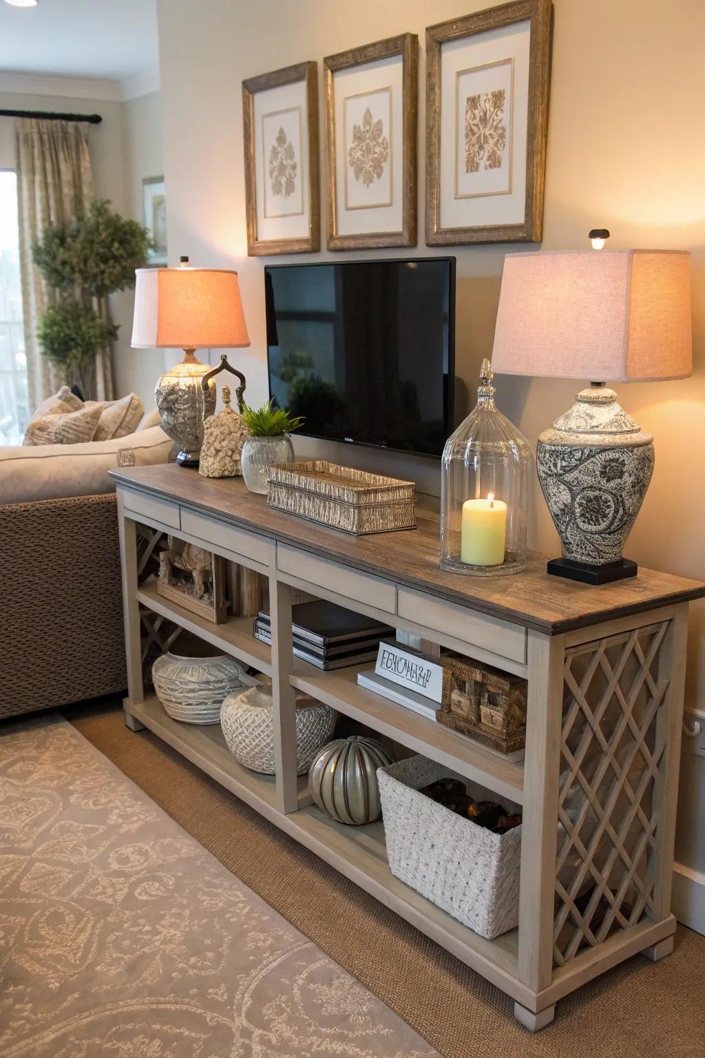 A console table adds both function and style beneath your TV.