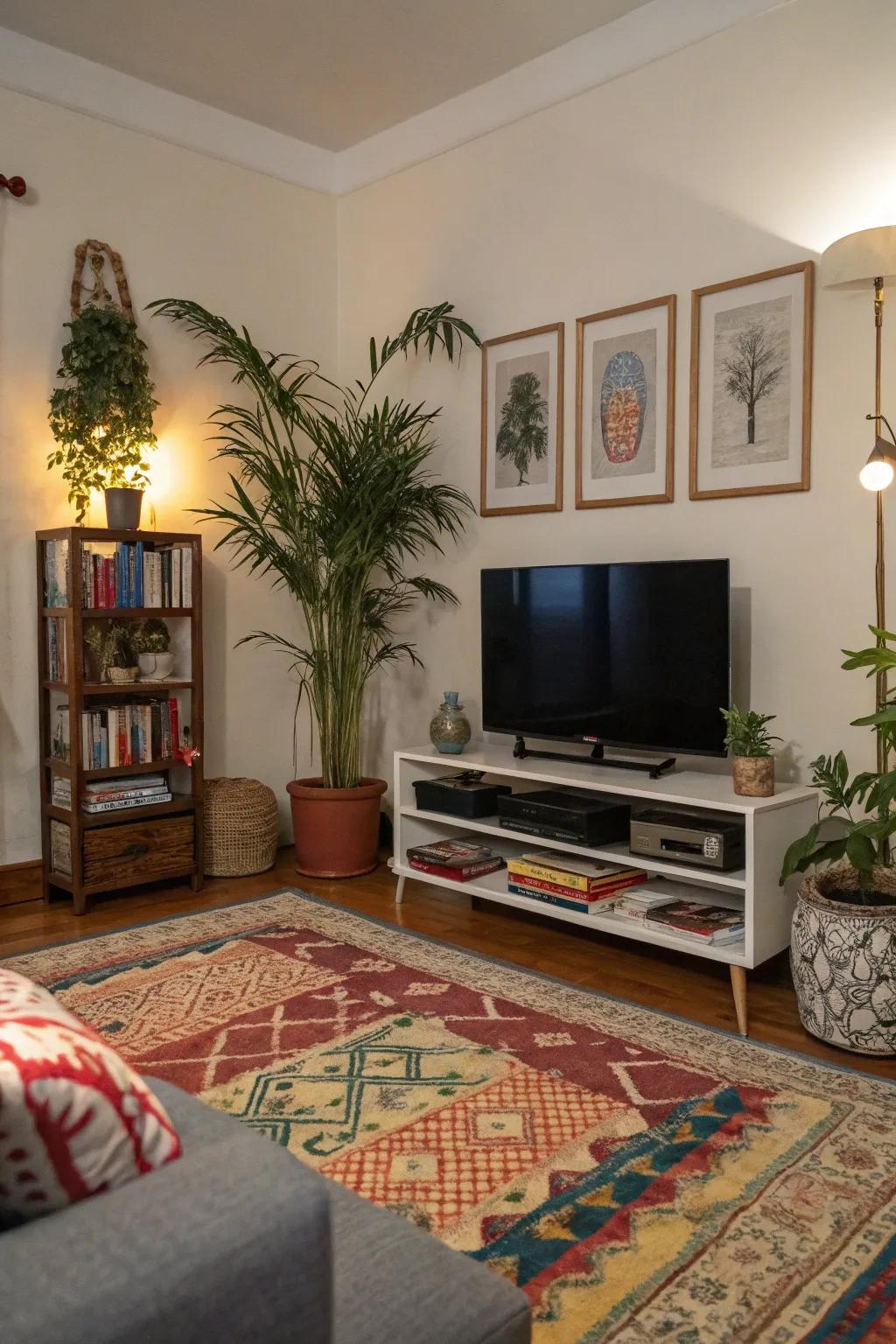 Asymmetrical decor adds energy and interest around the TV.