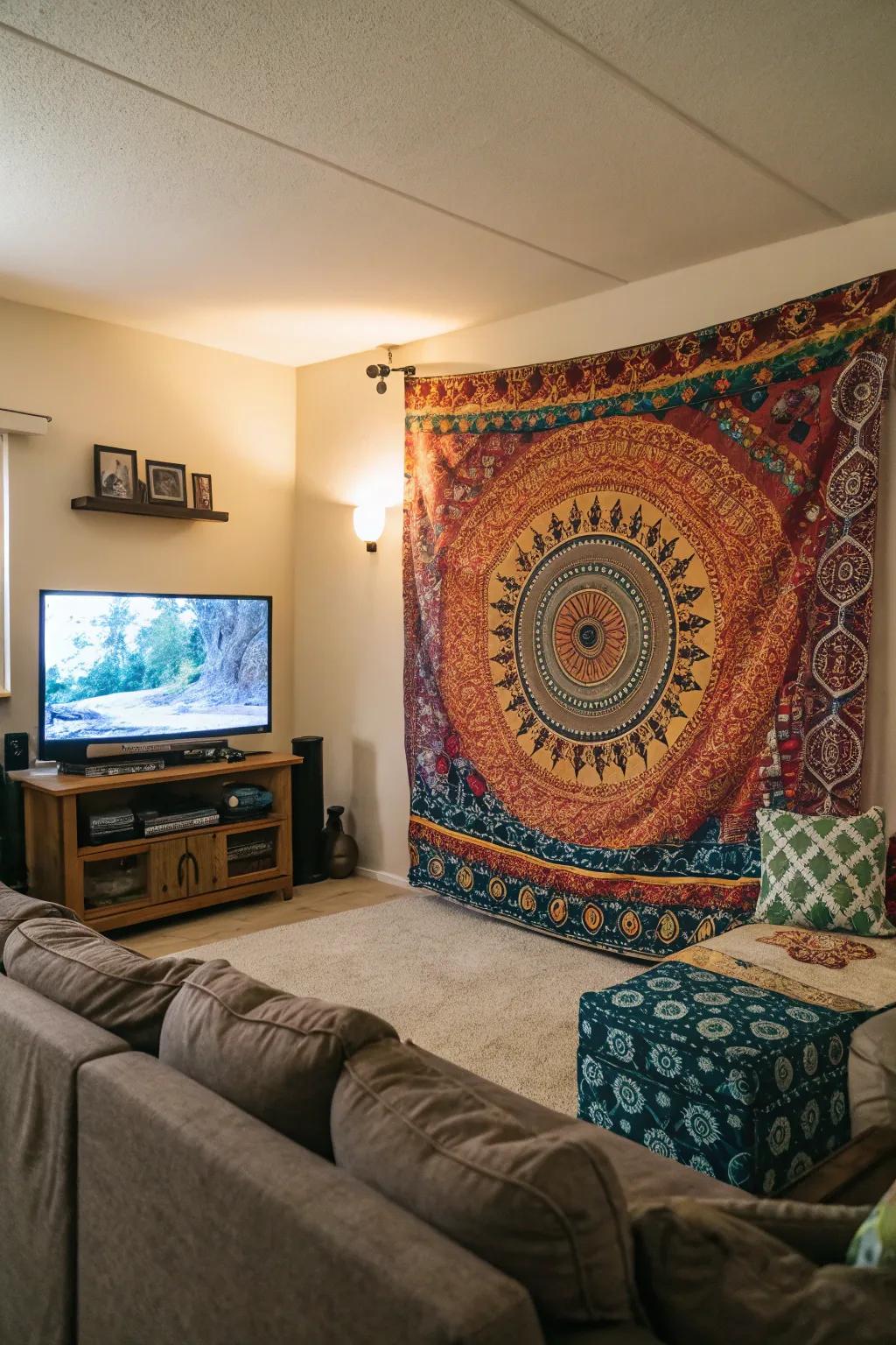 Tapestries introduce color and whimsy to the TV area.
