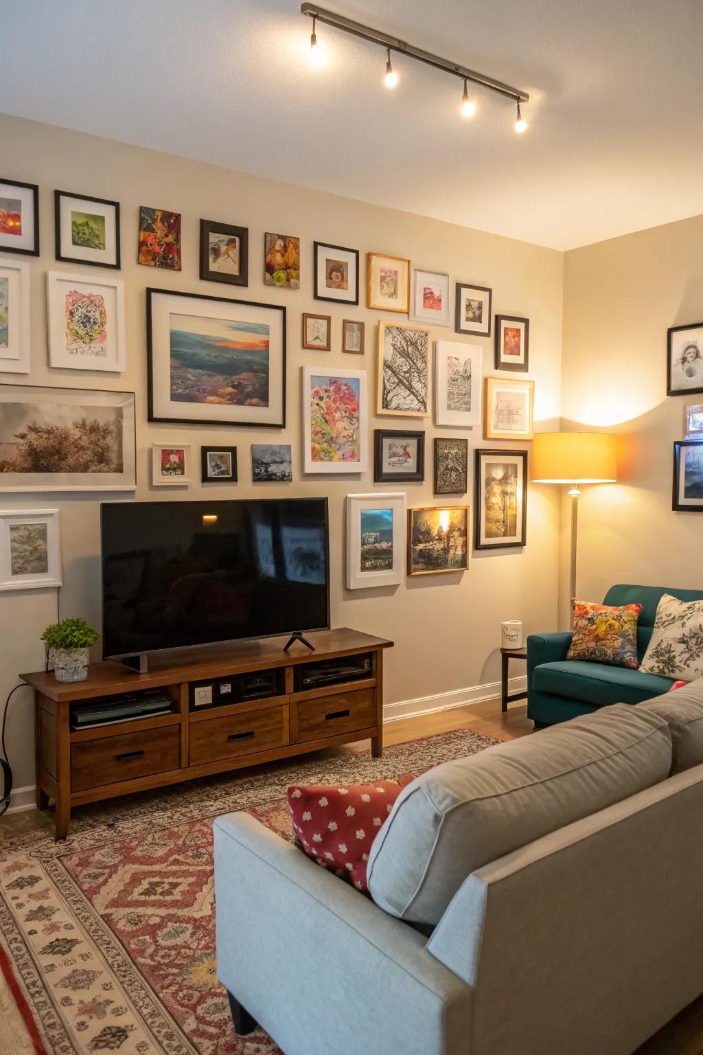 Gallery walls add personality and visual interest around the TV.