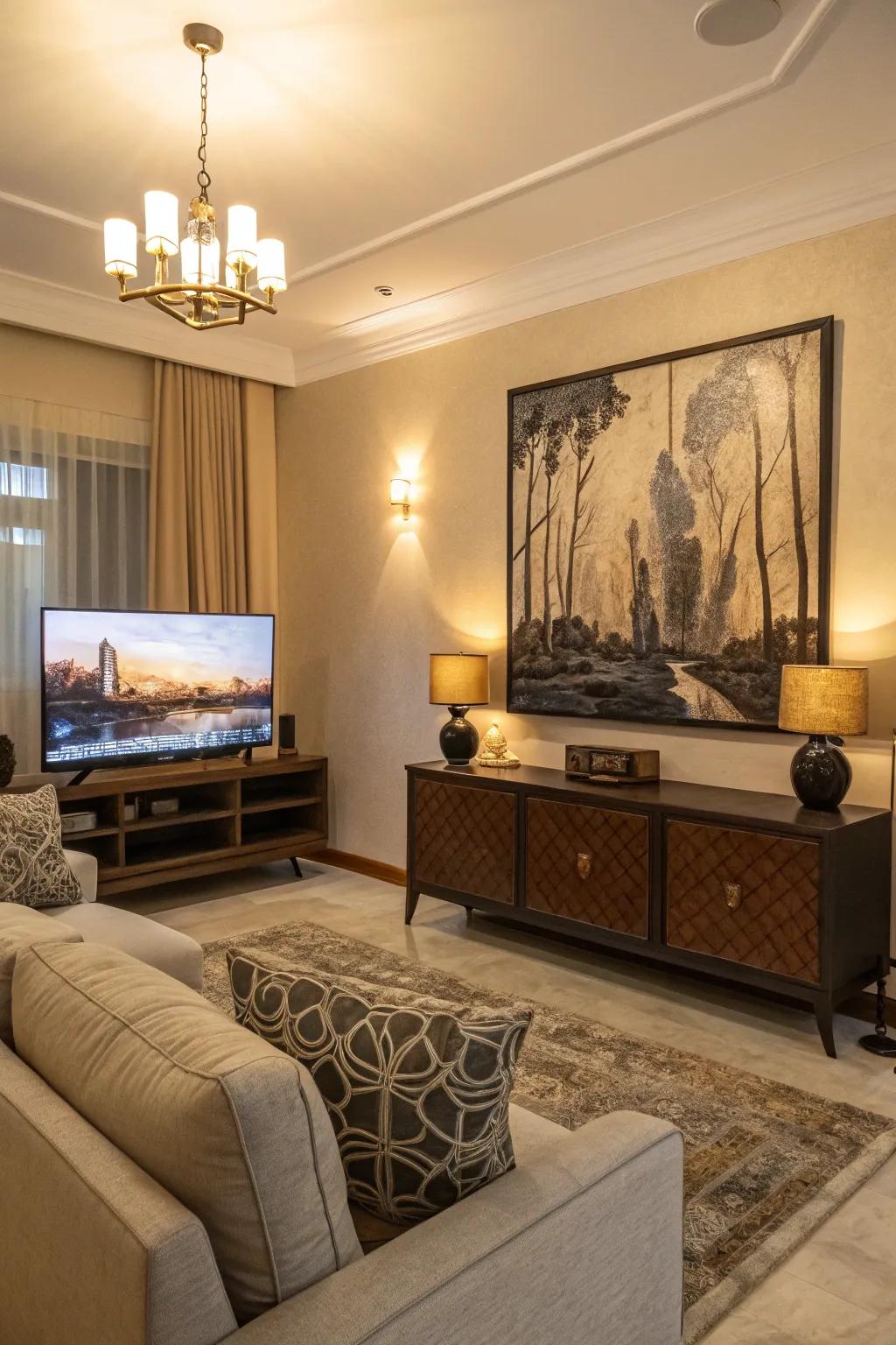 Large-scale art creates a bold backdrop for the TV.