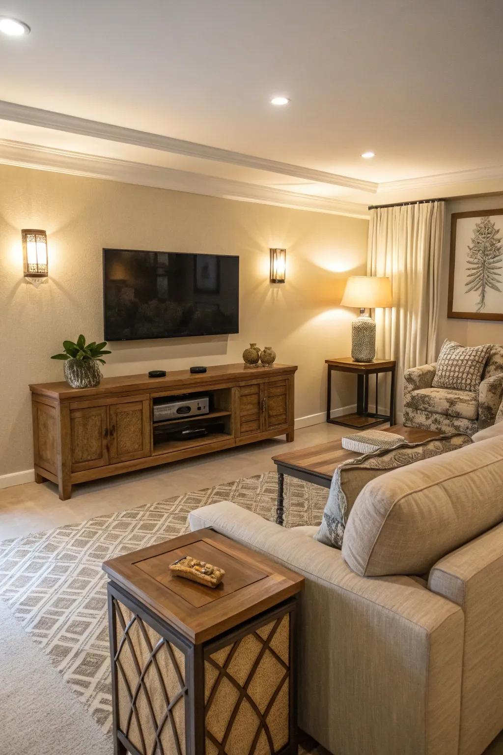 Neutral shades create a peaceful backdrop for the TV.