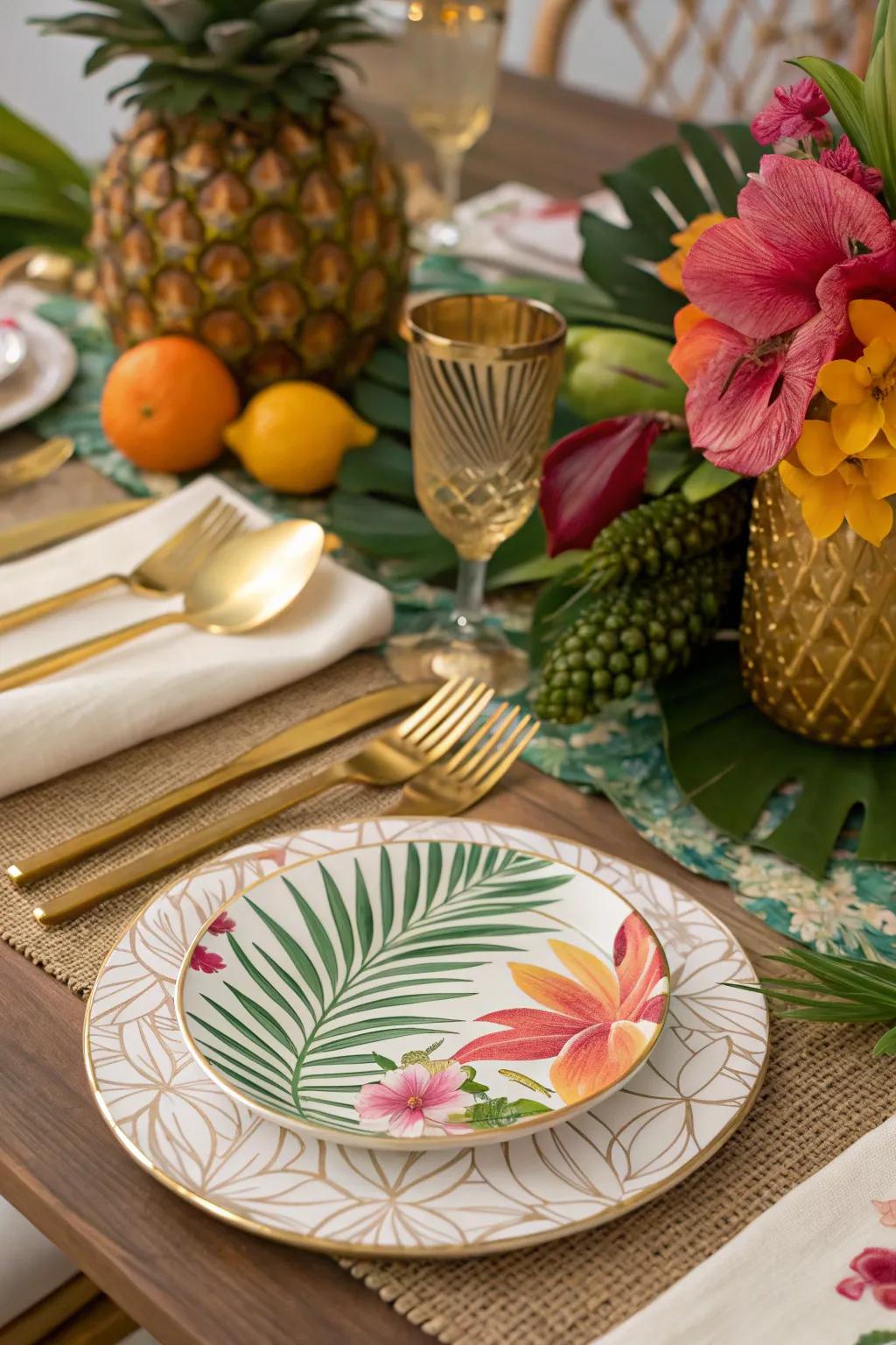 Gold accents bring sophistication to tropical decor.
