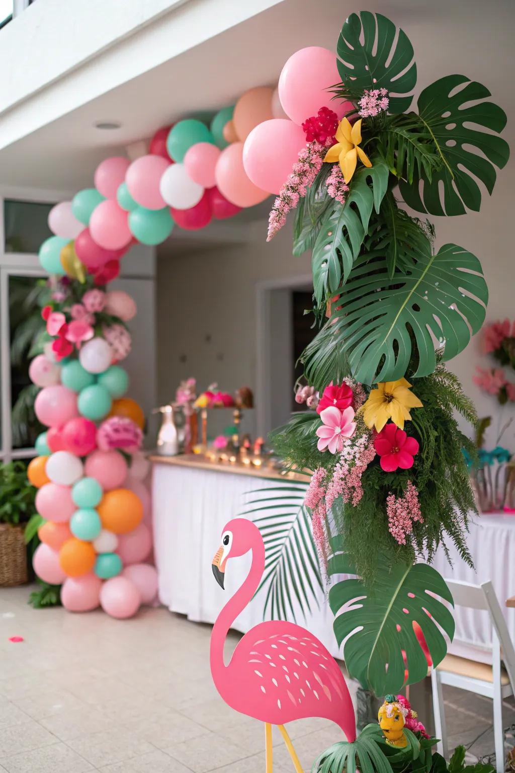 Flamingo decorations add whimsy and charm.