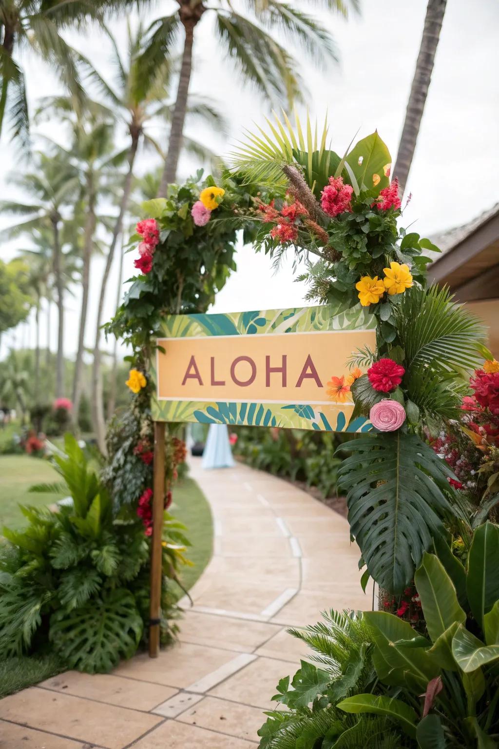A warm Aloha welcome sign greets guests.