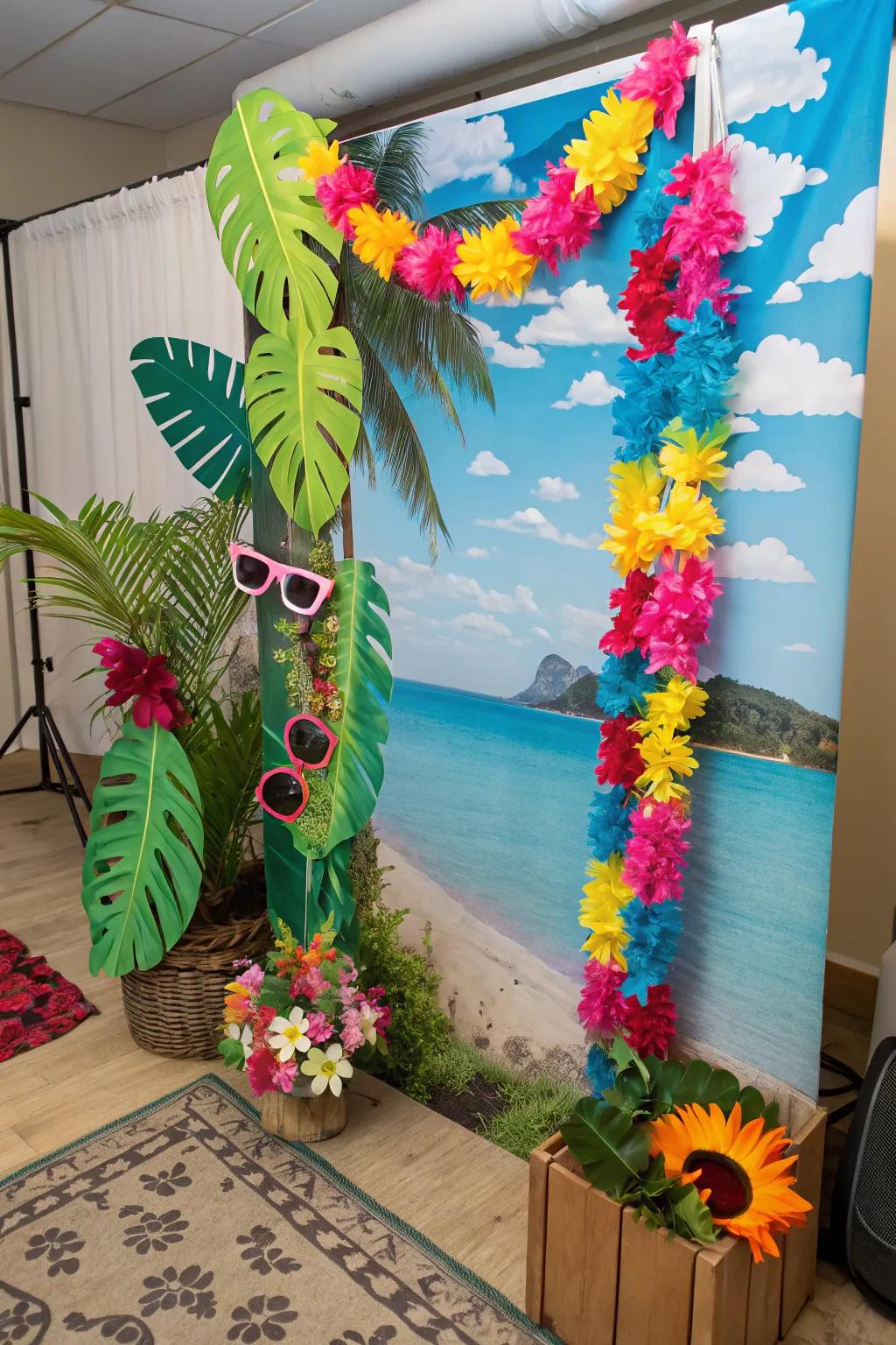 A lively tropical photo booth for fun snapshots.