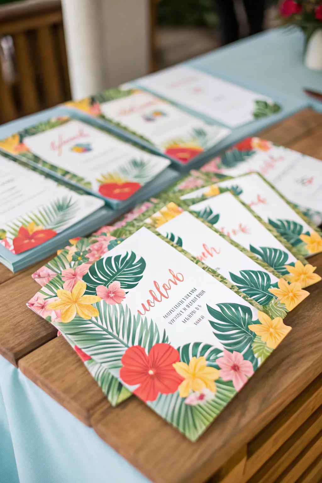 Tropical invitations set the festive tone.