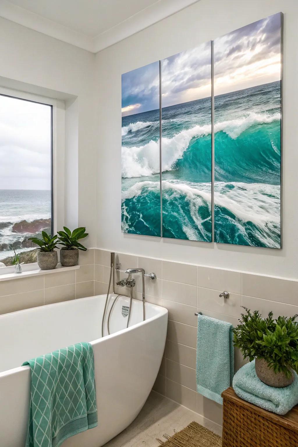 Soothing ocean wave paintings across multiple canvases, creating a peaceful bathroom retreat.