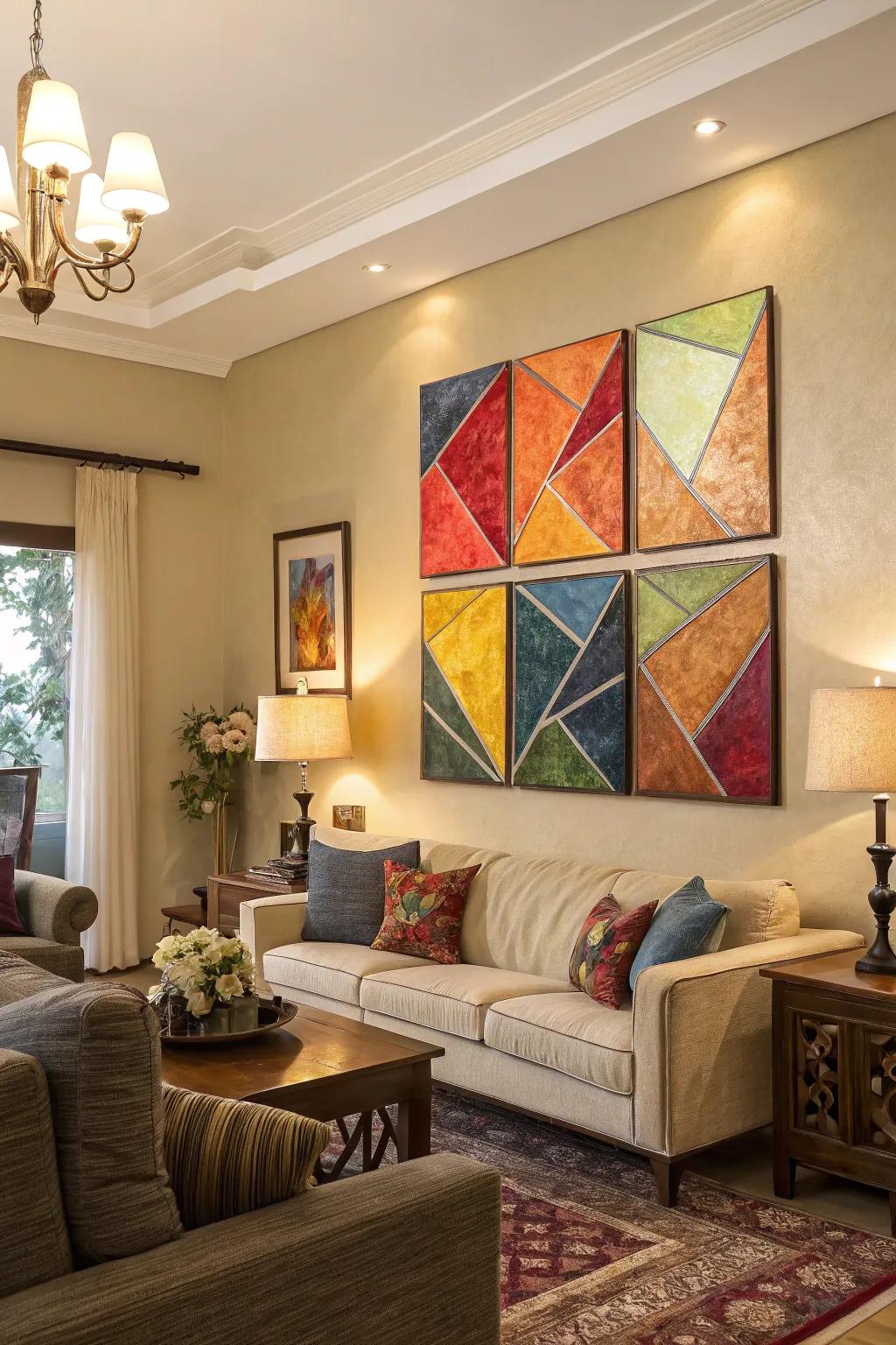 Bold interlocking abstract canvases forming a striking centerpiece in the living room.