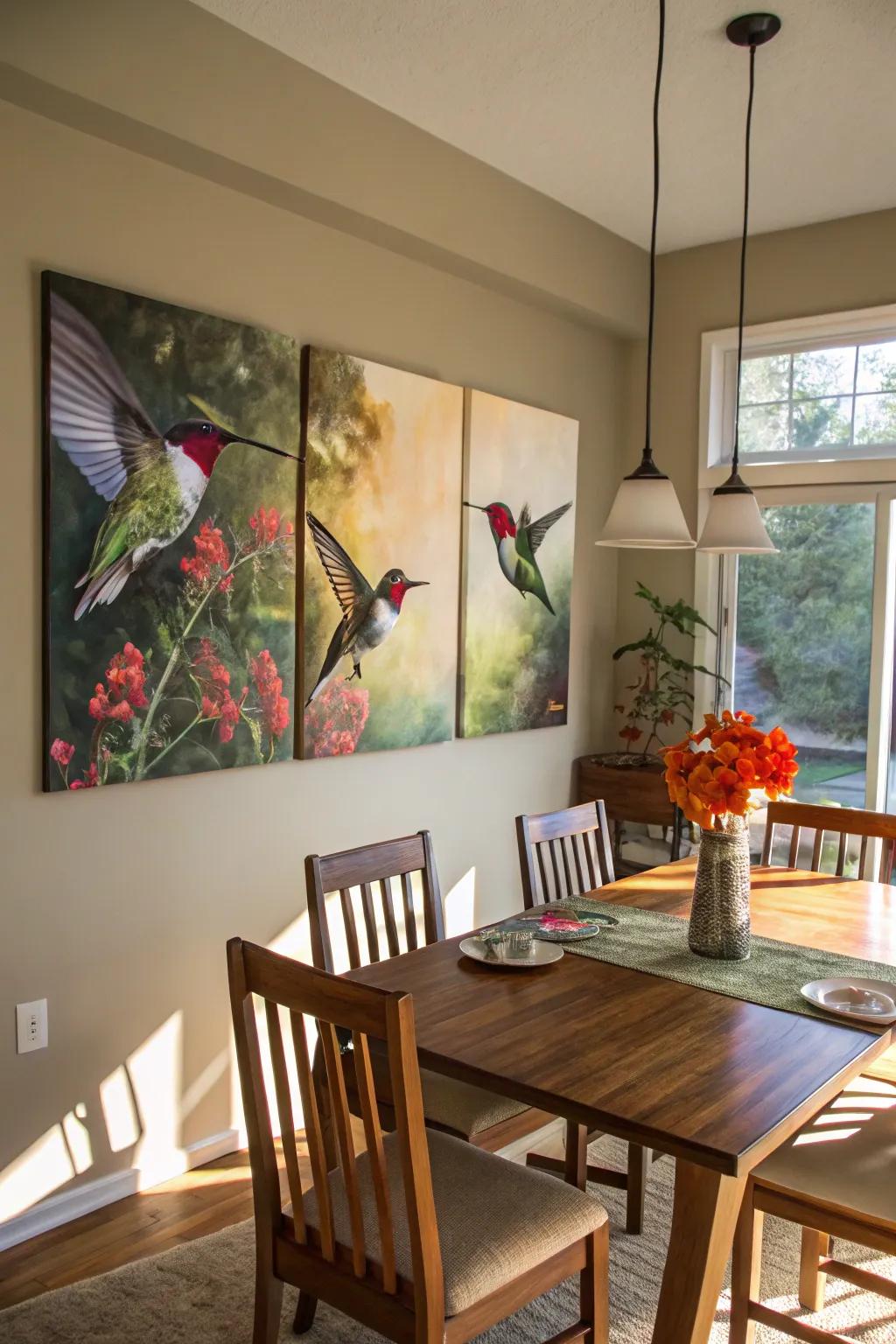 Energetic depiction of hummingbirds in flight across multiple canvases, enlivening the dining room.