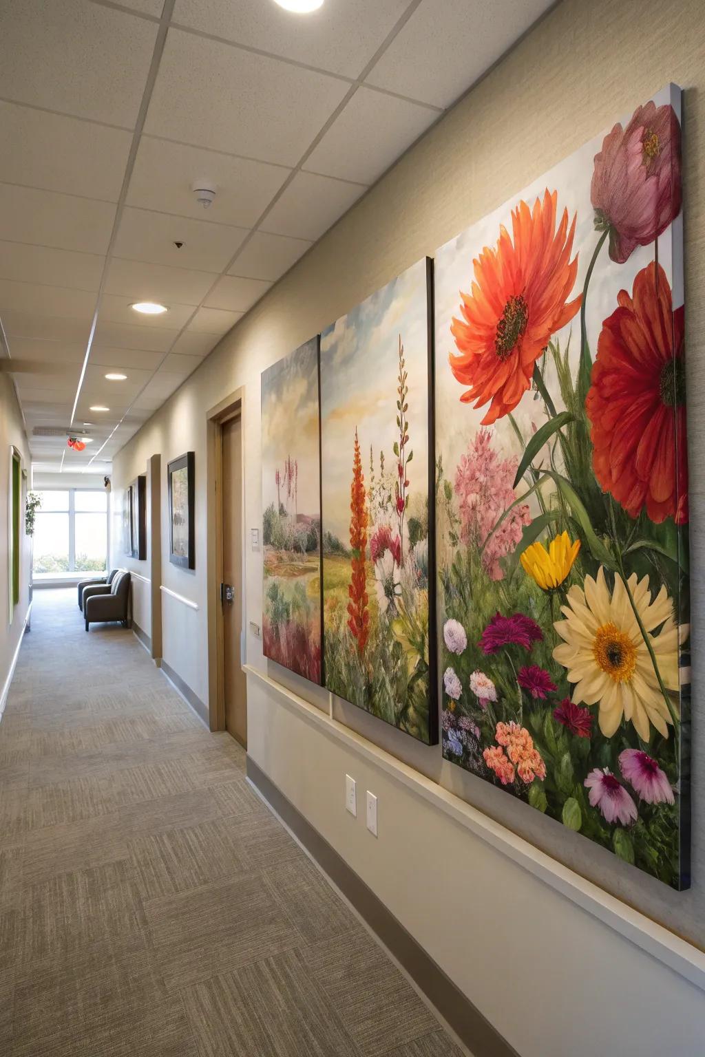 Bright floral paintings across multiple canvases, enlivening a hallway with color.