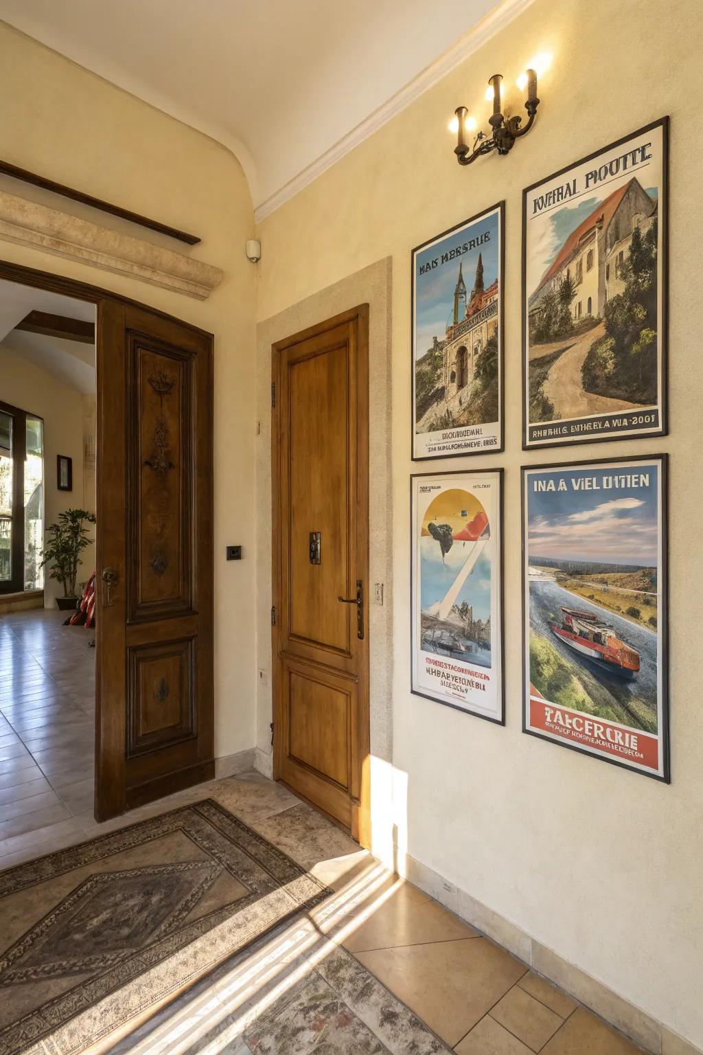 Vintage travel poster designs across multiple canvases, adding nostalgic flair to the entryway.
