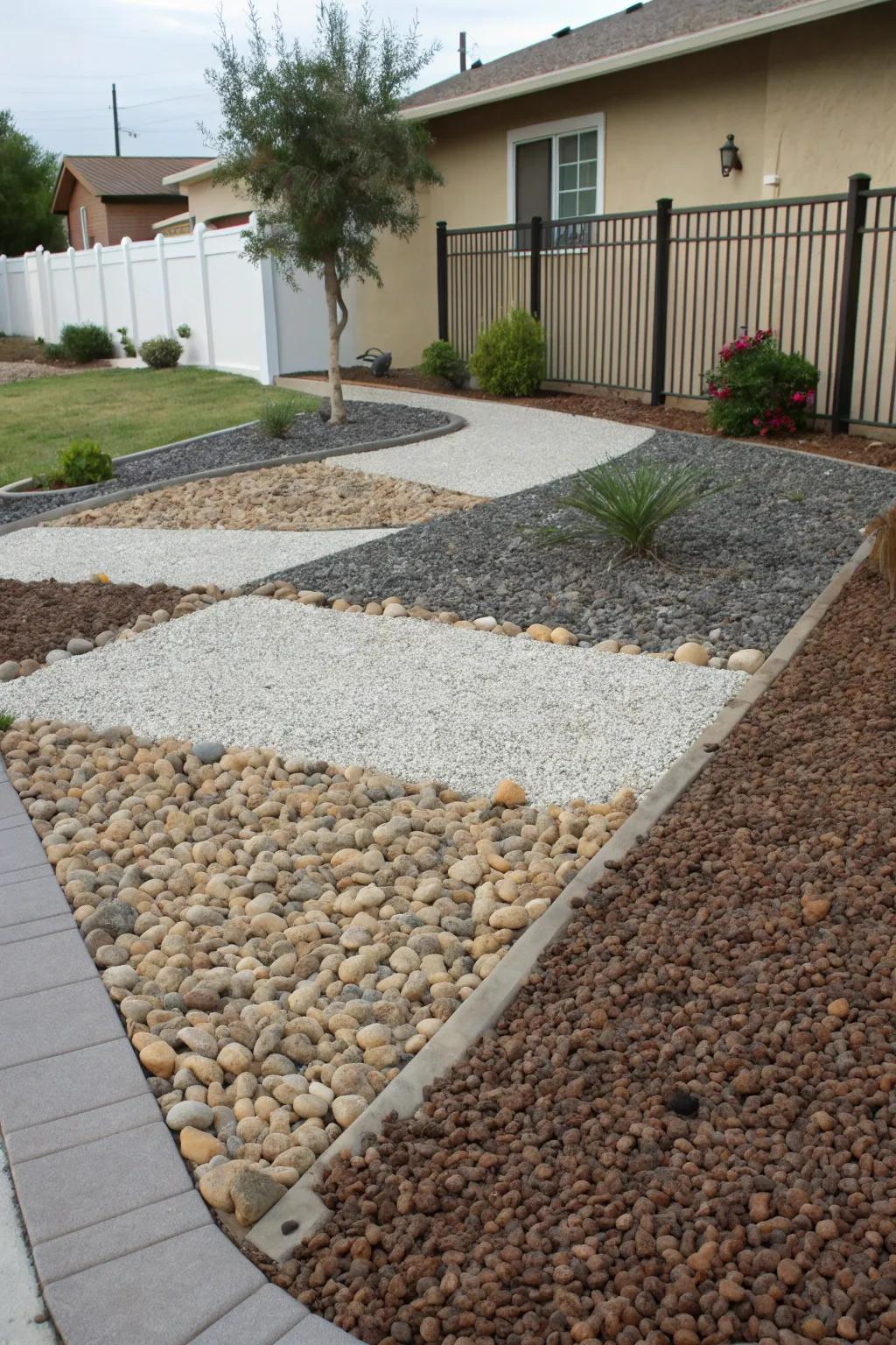 Mixing gravel sizes adds texture and visual depth.