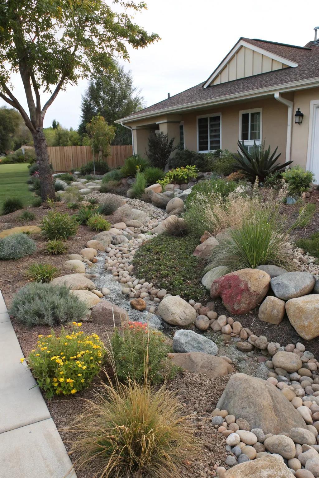 Dry creek beds combine beauty with practical drainage.