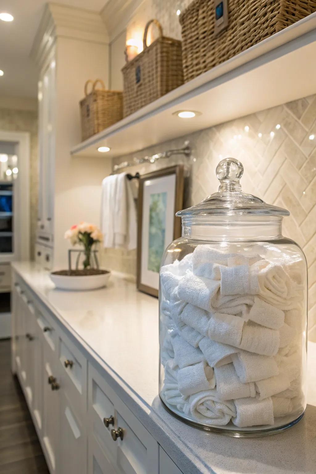 Large jars keep dryer sheets organized and accessible.