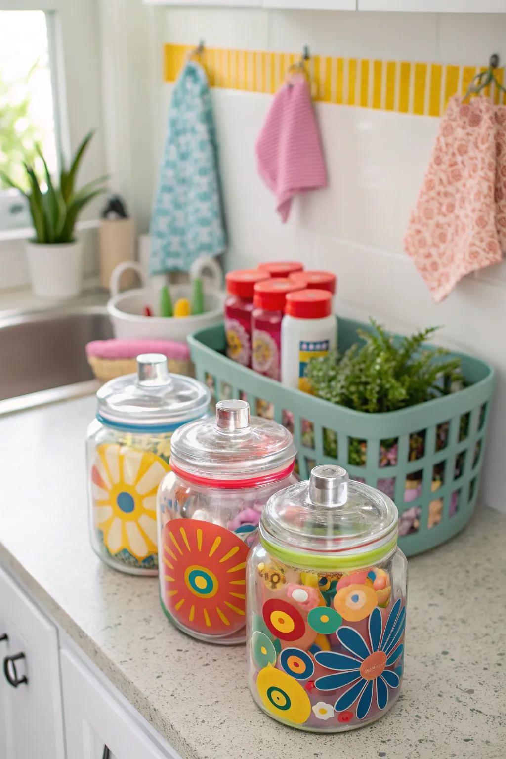 Hand-painted jar lids add vibrant personality.