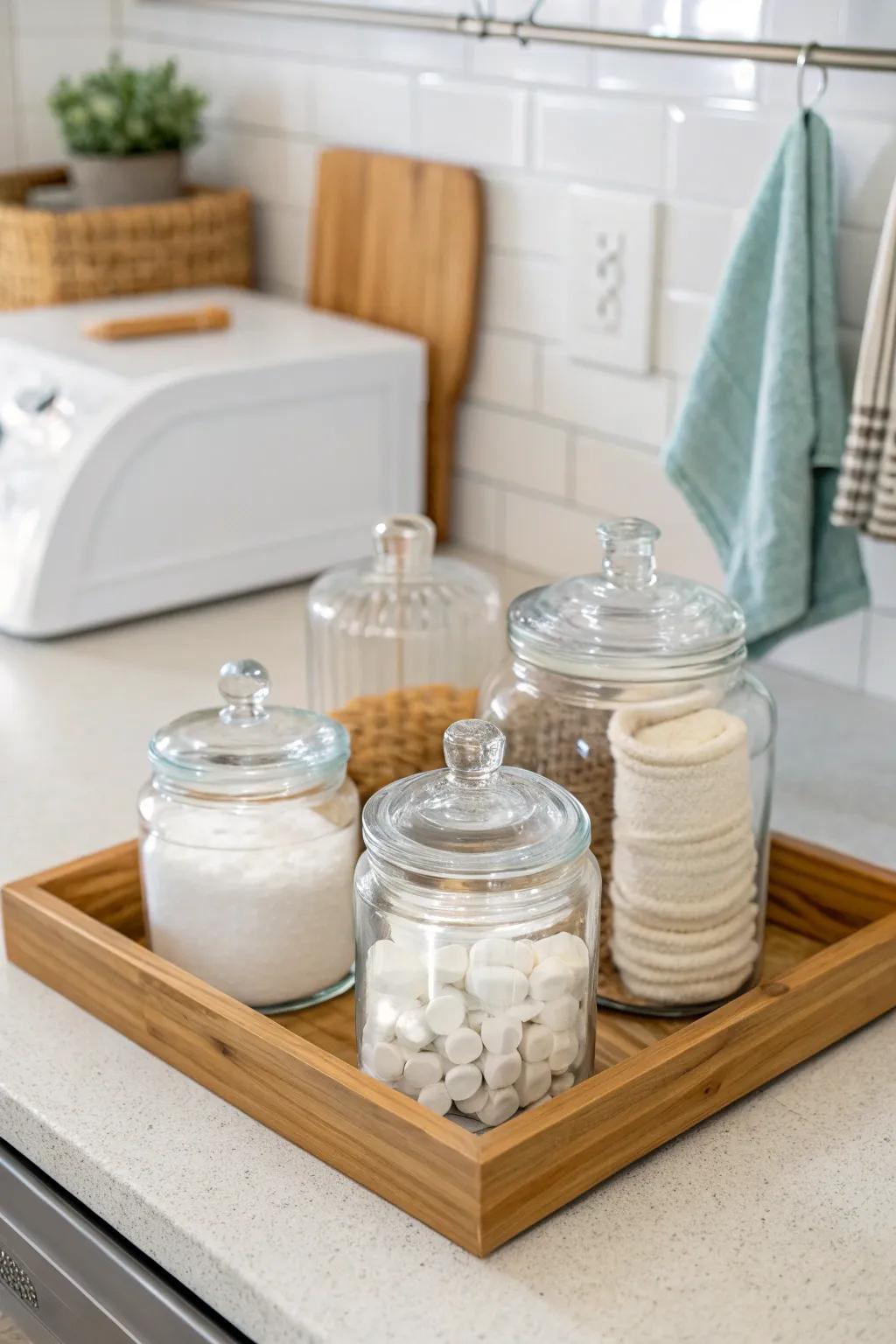 Wooden trays help keep countertop jars orderly.