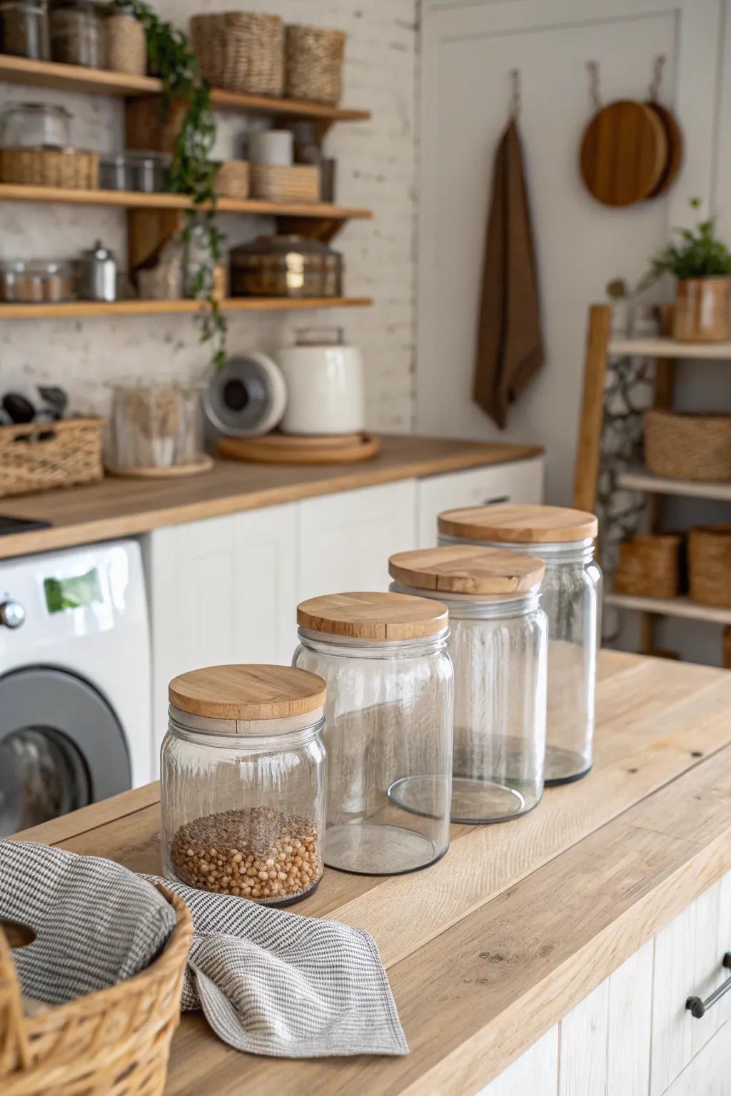 Wooden lids add warmth and rustic appeal to jars.