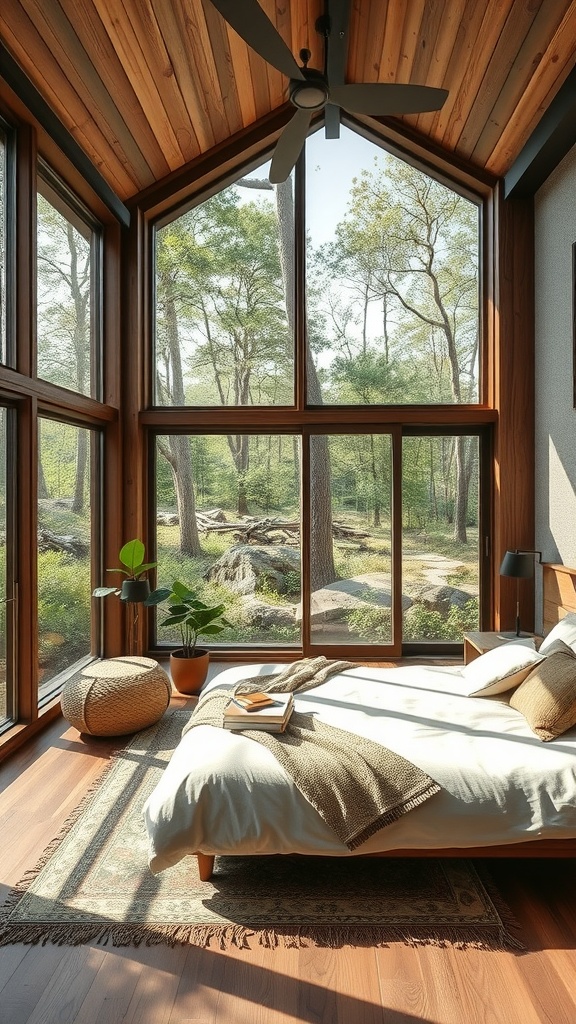 Nature-inspired bedroom with plants and wooden accents