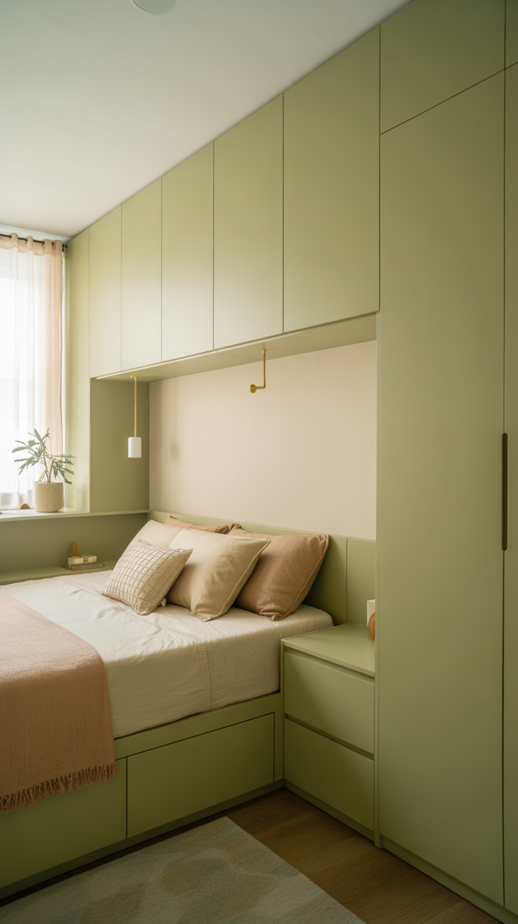 Small bedroom with green built-in storage