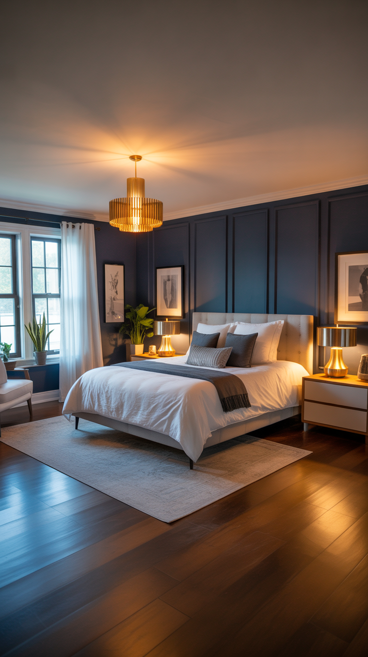 Modern bedroom with navy blue walls and brass accents