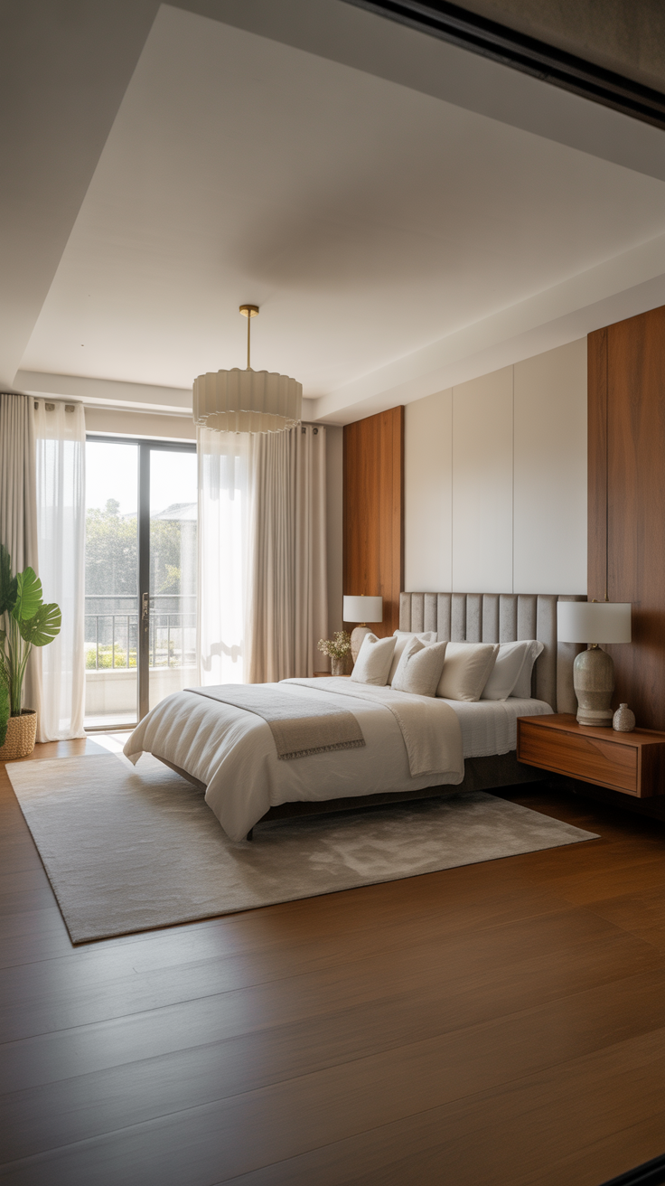 Minimalist bedroom with wood accents and cozy textiles