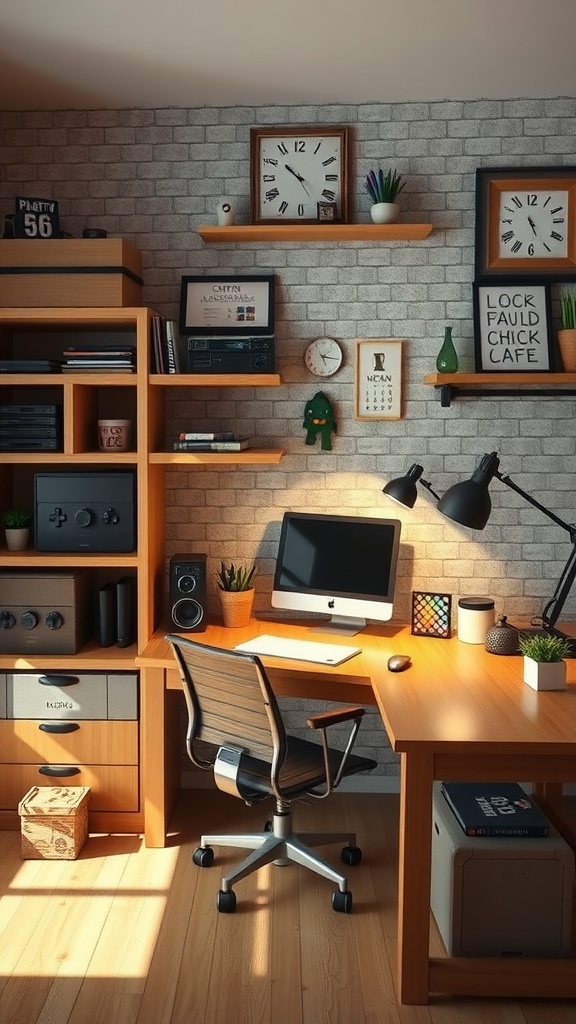 A cozy DIY workspace inspired by Minecraft, featuring blocky furniture and pixelated decor.