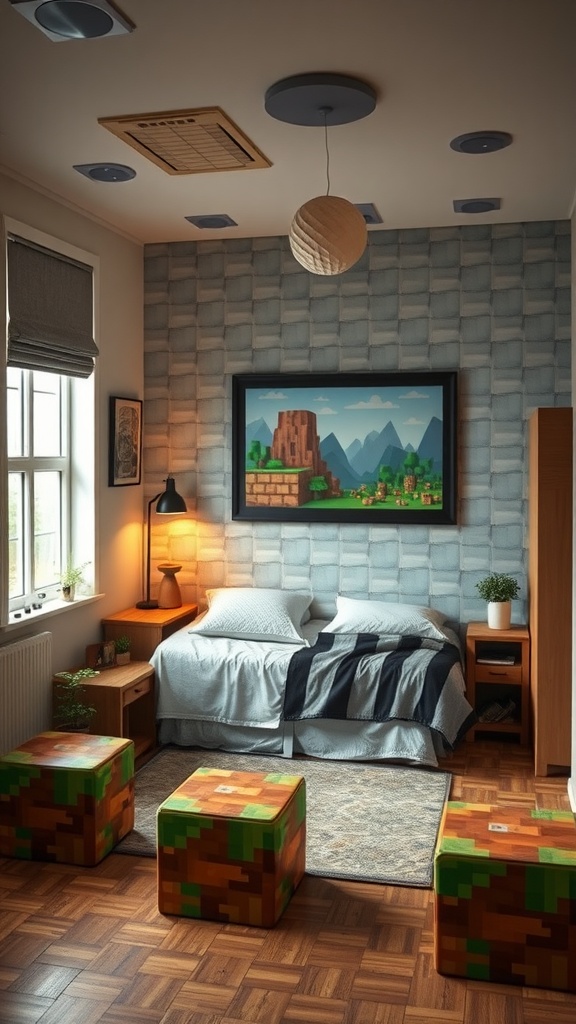 Cozy bedroom with Minecraft-inspired decor, featuring blocky furniture and a pixelated wall mural