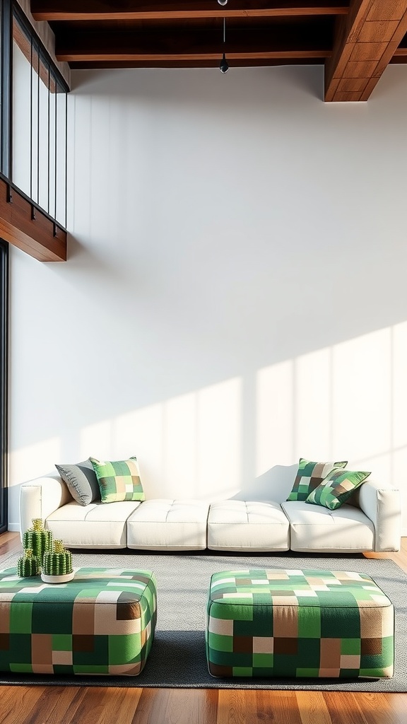 A modern living room featuring a white sofa with Minecraft-inspired green and brown pixelated patterns.