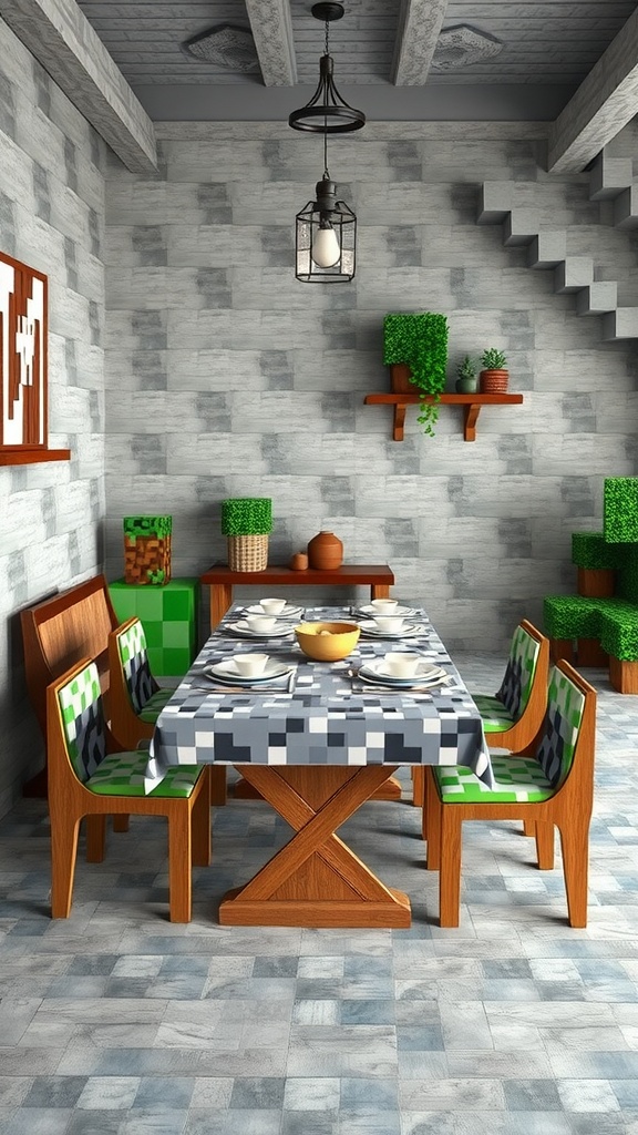 A dining space with a pixelated tablecloth, cube-shaped chairs, and greenery inspired by Minecraft.