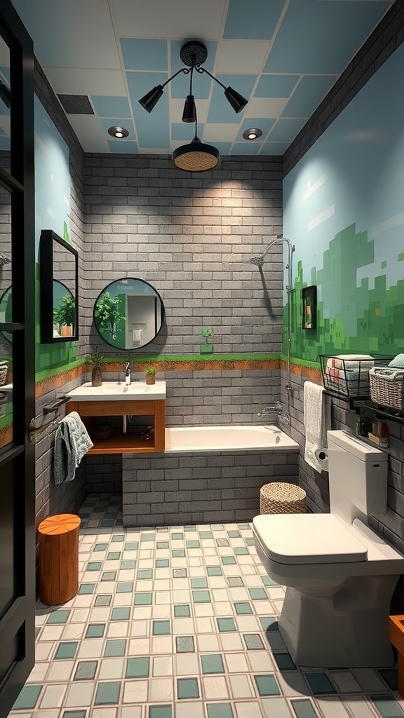 A Minecraft-inspired bathroom featuring block-patterned tiles in green and brown colors, with a modern sink and toilet.